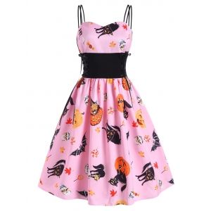 

Halloween Pumpkin Cat Skull Print Lace Up Dress, Pig pink