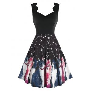 

Scalloped Stars Cat Print Knee Length Dress, Black