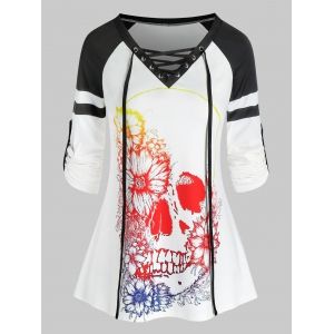

Halloween Skull Flower Print Lace-up Raglan Sleeve T-shirt, White