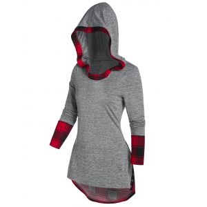 

Plaid Insert Lace Up High Low Hoodie, Light gray