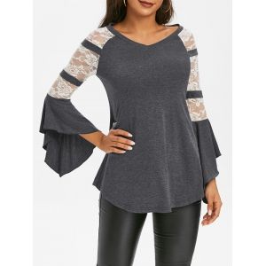 

Lace Insert Butterfly Sleeve T Shirt, Ash gray