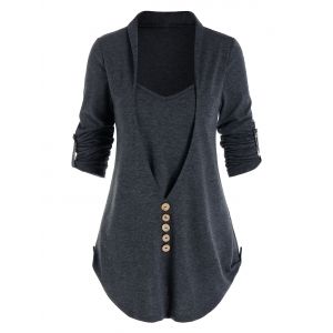 

Heathered Mock Button Faux Twinset T-shirt, Ash gray