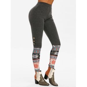 

Geometric Mock Button High Rise Leggings, Gray