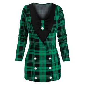 

Mock Button Plaid Print Faux Twinset Knitwear, Deep green