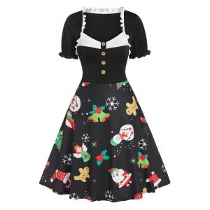 

Ruffled Christmas Print Knee Length Dress, Black