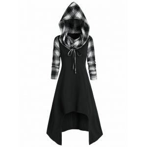

Convertible Hooded Plaid High Low Midi Dress, White