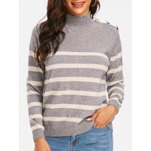 

Mock Neck Buttoned Striped Slouchy Sweater, Gray
