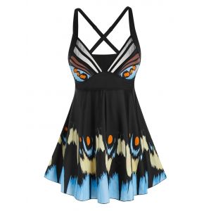 

Plus Size Mesh Panel Printed Cross Skirted Tankini Swimwear, Black