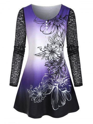 Plus Size Ombre Floral Print Lace Sleeve Tee - PURPLE - L