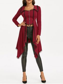 Lace-up Lace Trim Faux Twinset Skirted Coat - RED WINE - XL
