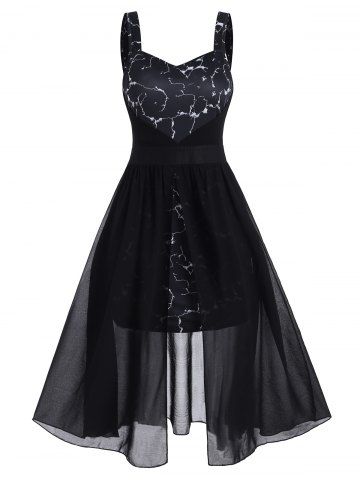 

Sleeveless Marble Print Chiffon Insert Slit Front Dress, Black