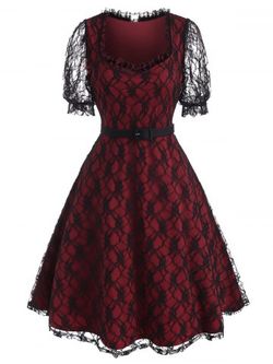 Puff Sleeve Overlay Lace A Line Dress - RED - L