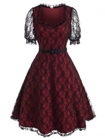 Puff Sleeve Overlay Lace A Line Dress - RED - 2XL