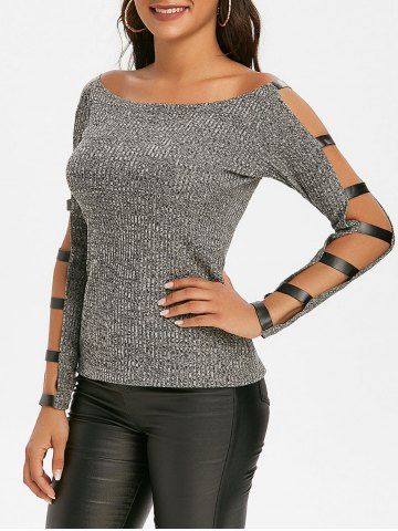 Faux Leather Panel Heathered Ladder Cutout Sleeve Knitwear - GRAY - S
