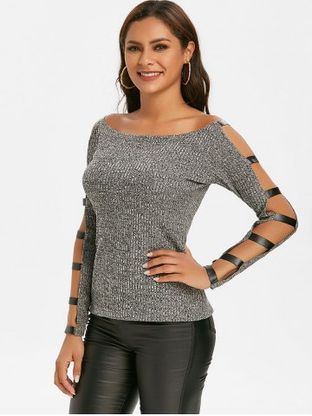 Faux Leather Panel Heathered Ladder Cutout Sleeve Knitwear