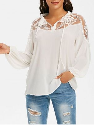 Mesh Embroidered Tie Front Casual Blouse