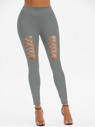High Waisted Rivet Detail Lace-up Gothic Leggings