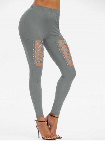 High Waisted Rivet Detail Lace-up Gothic Leggings
