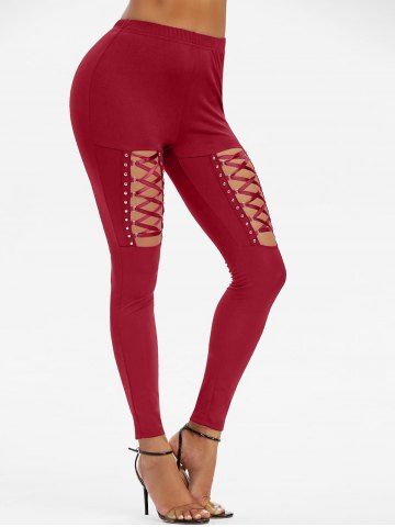 High Waisted Rivet Detail Lace-up Gothic Leggings