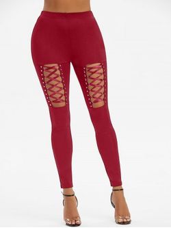 High Waisted Rivet Detail Lace-up Gothic Leggings - RED WINE - S