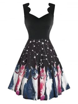 Scalloped Stars Cat Print Knee Length Dress - BLACK - L