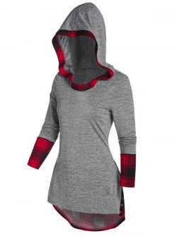 Plaid Insert Lace Up High Low Hoodie - LIGHT GRAY - 3XL