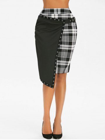 Gothic Eyelet Buckle Asymmetric Skirt - BLACK - XL