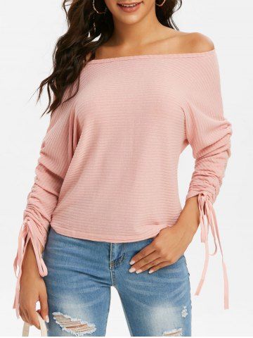 Ribbed Cinched Sleeves Batwing Knitwear - LIGHT PINK - XL