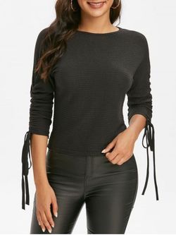 Ribbed Cinched Sleeves Batwing Knitwear - BLACK - S