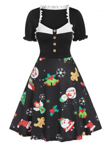 Ruffled Christmas Print Knee Length Dress - BLACK - M