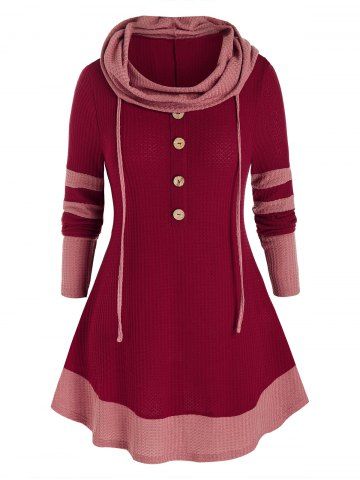 Plus Size Hooded Two Tone Buttoned Contrast Tunic Sweater - RED WINE - L
