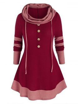 Plus Size Hooded Two Tone Buttoned Contrast Tunic Sweater - RED WINE - 2X