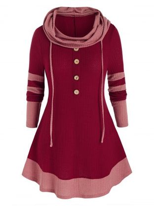 Plus Size Hooded Two Tone Buttoned Contrast Tunic Sweater