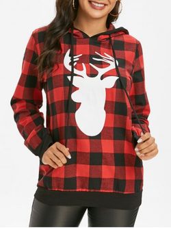 Plaid Elk Print Christmas Tunic Hoodie - BLACK - XL