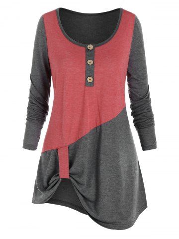 Plus Size Two Tone Bicolor Curved Hem Long Sleeve Tee - GRAY - L