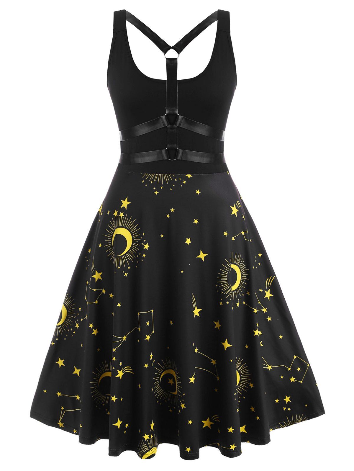 

O-ring Strappy Back Star Moon Print Plus Size Dress, Black