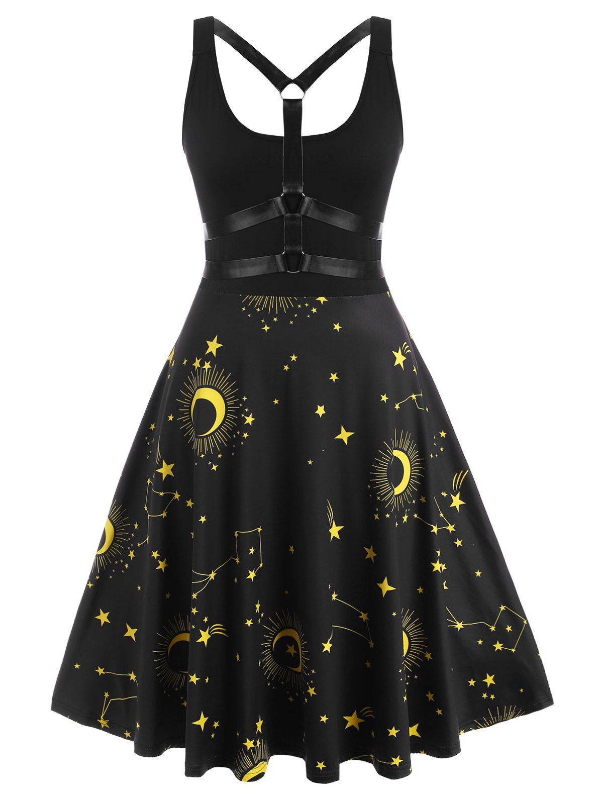 O-ring Strappy Back Star Moon Print Plus Size Dress, Black