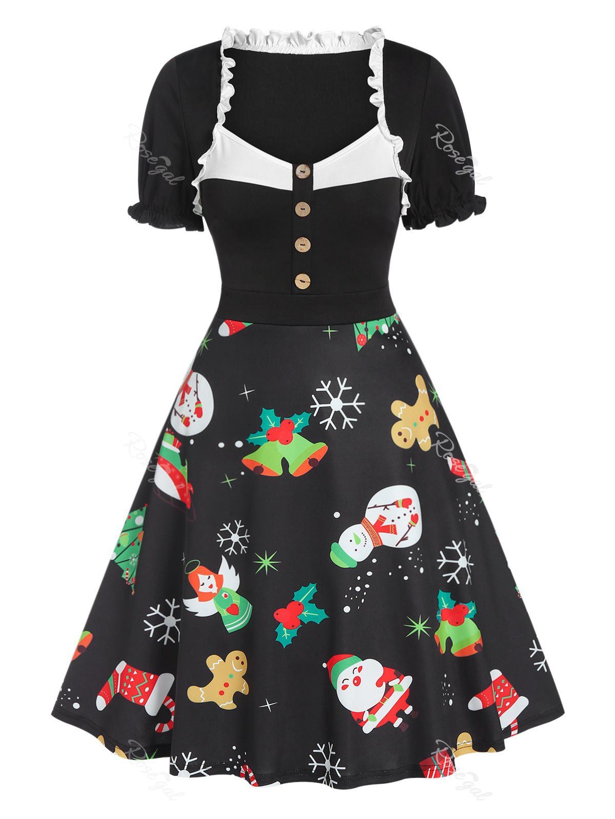 Discount Ruffled Christmas Print Knee Length Dress  