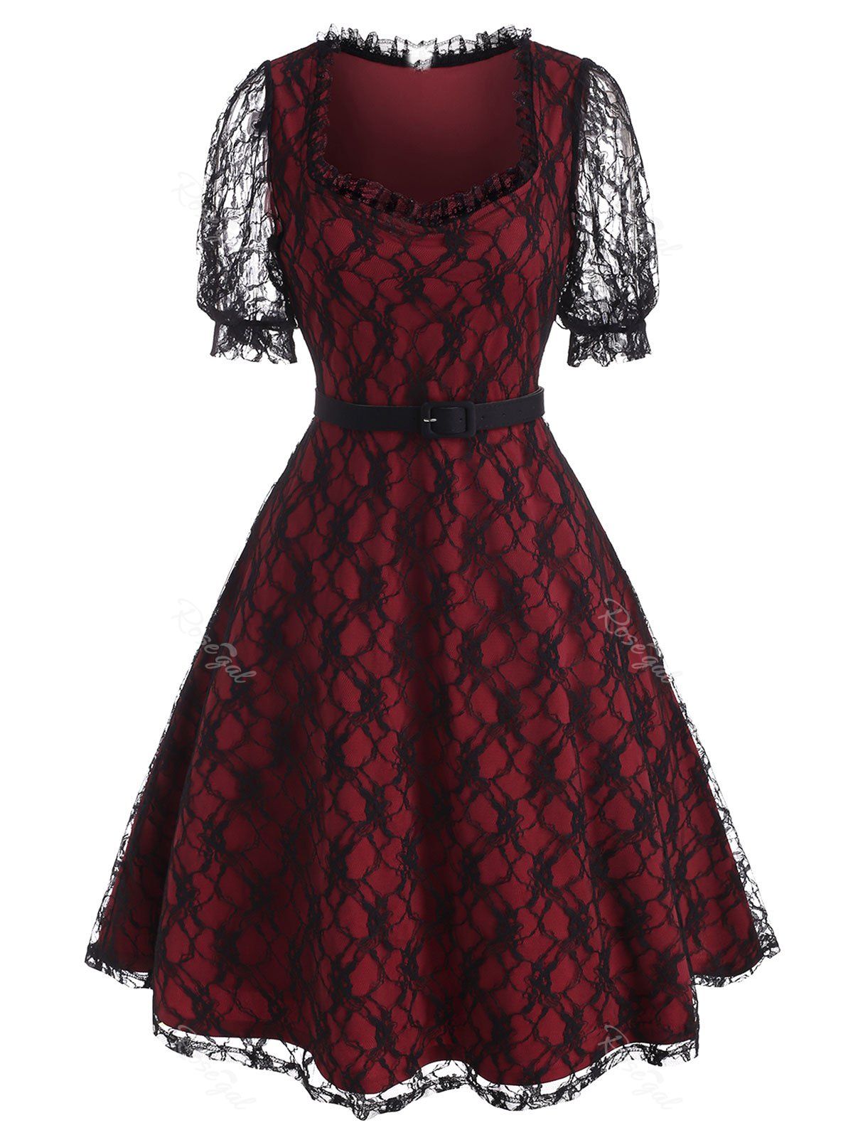 

Puff Sleeve Overlay Lace A Line Dress, Red