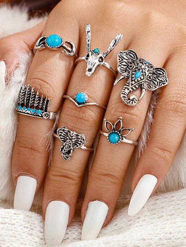 

7Pcs Tribal Elephant Turquoise Carved Rings Set, Silver