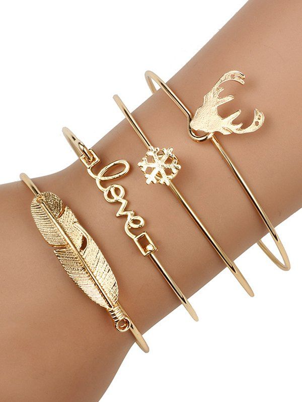 

4Pcs Christmas Elk Snowflake Feather Bracelet Set, Golden