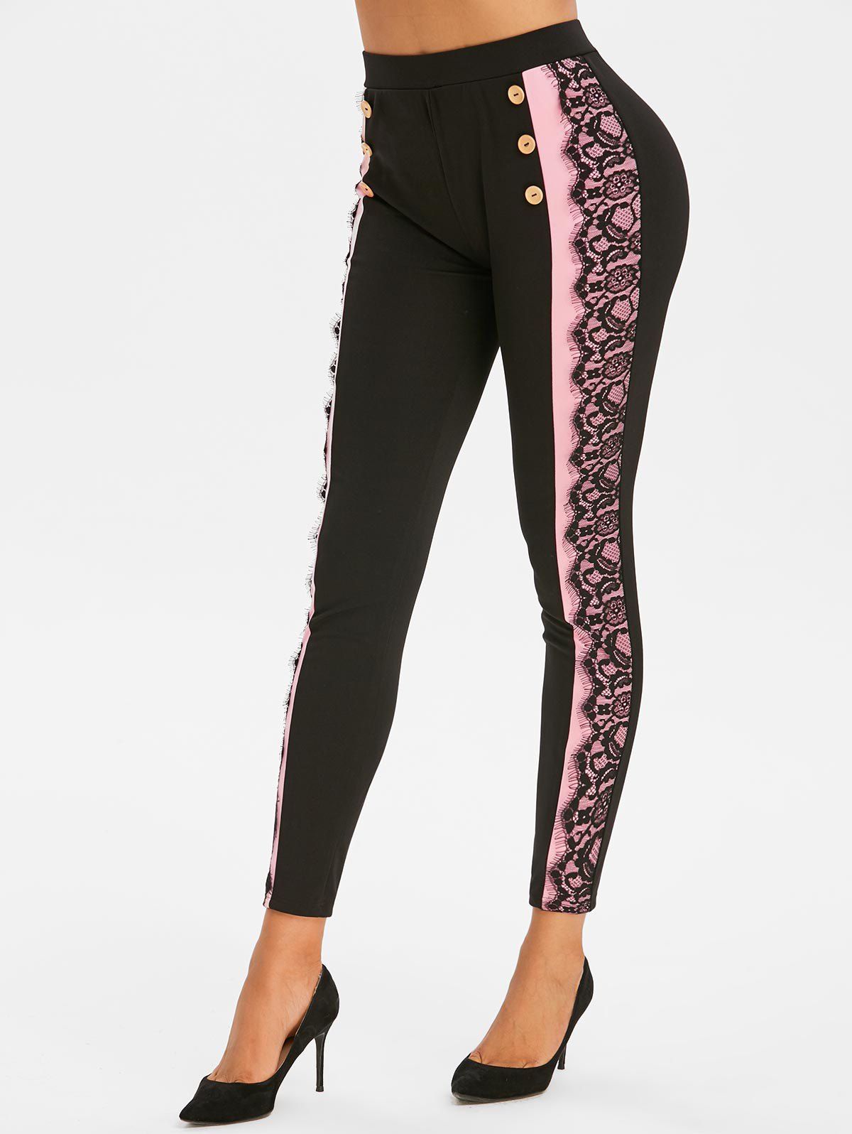 

Lace Panel Colorblock Skinny Mock Button Pants, Black