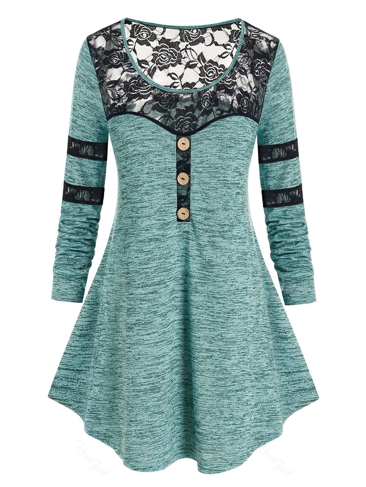 Plus Size Marled Floral Lace Panel T Shirt, Light green