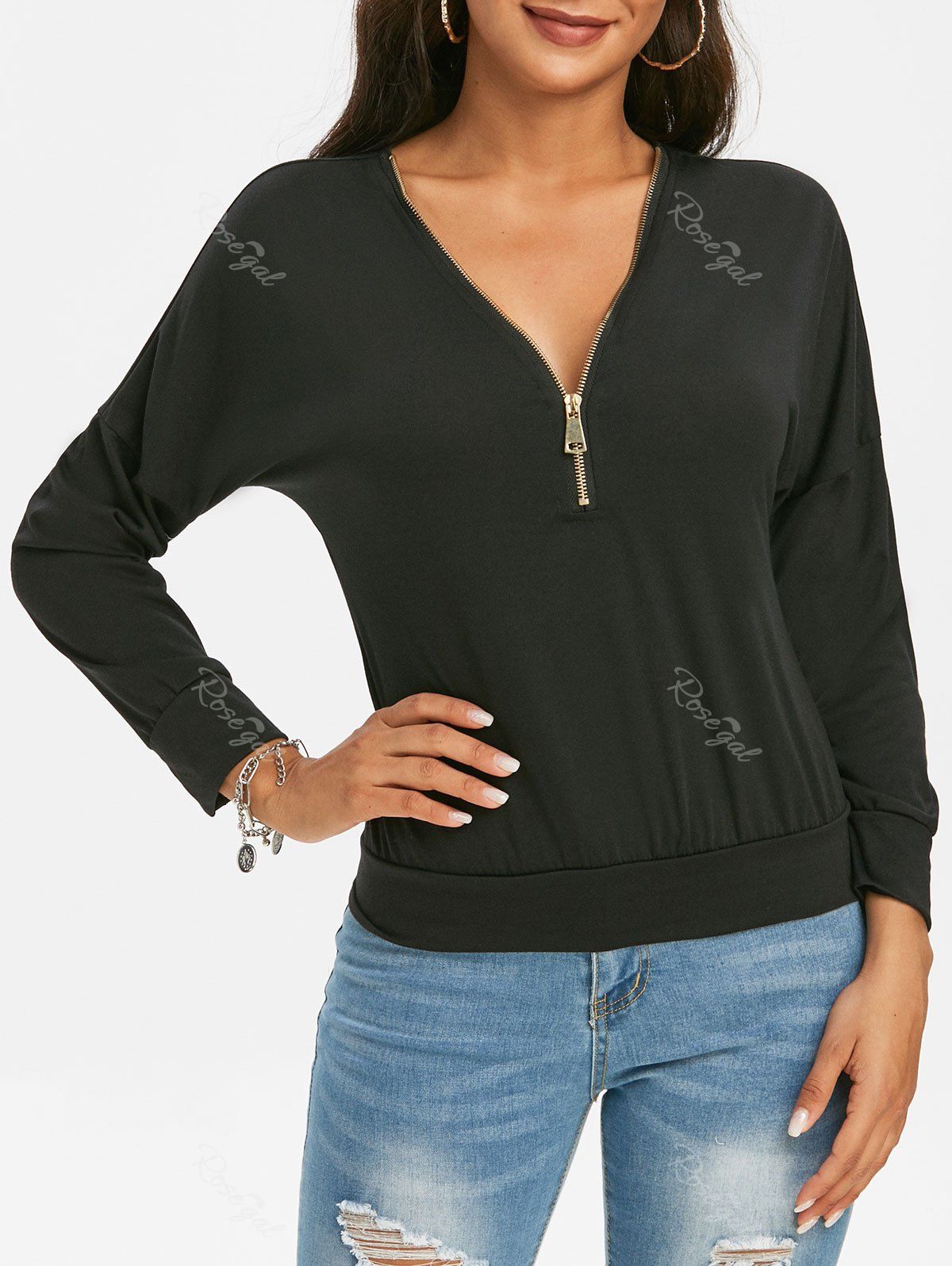 Sale Zippered Front V Neck Drop Shoulder Sweatshirt  
