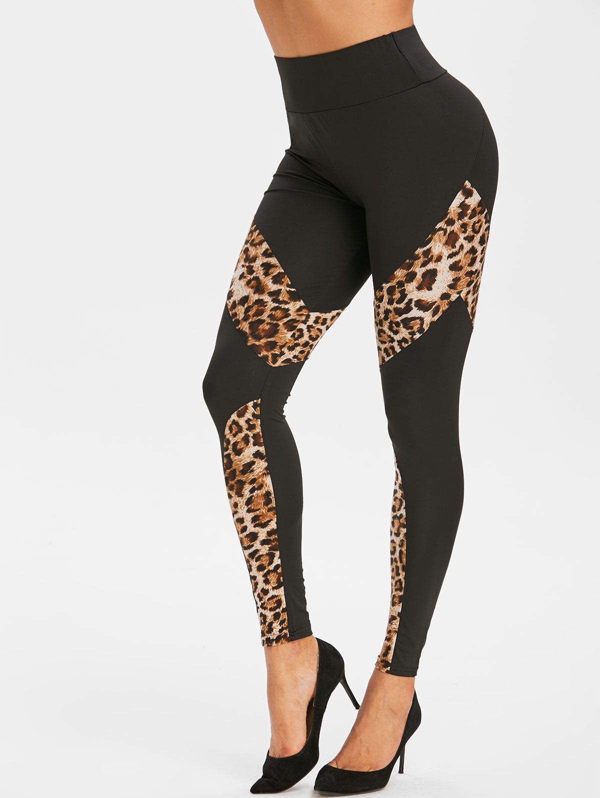 

Zippered Waist Leopard Panel High Waisted Leggings, Black