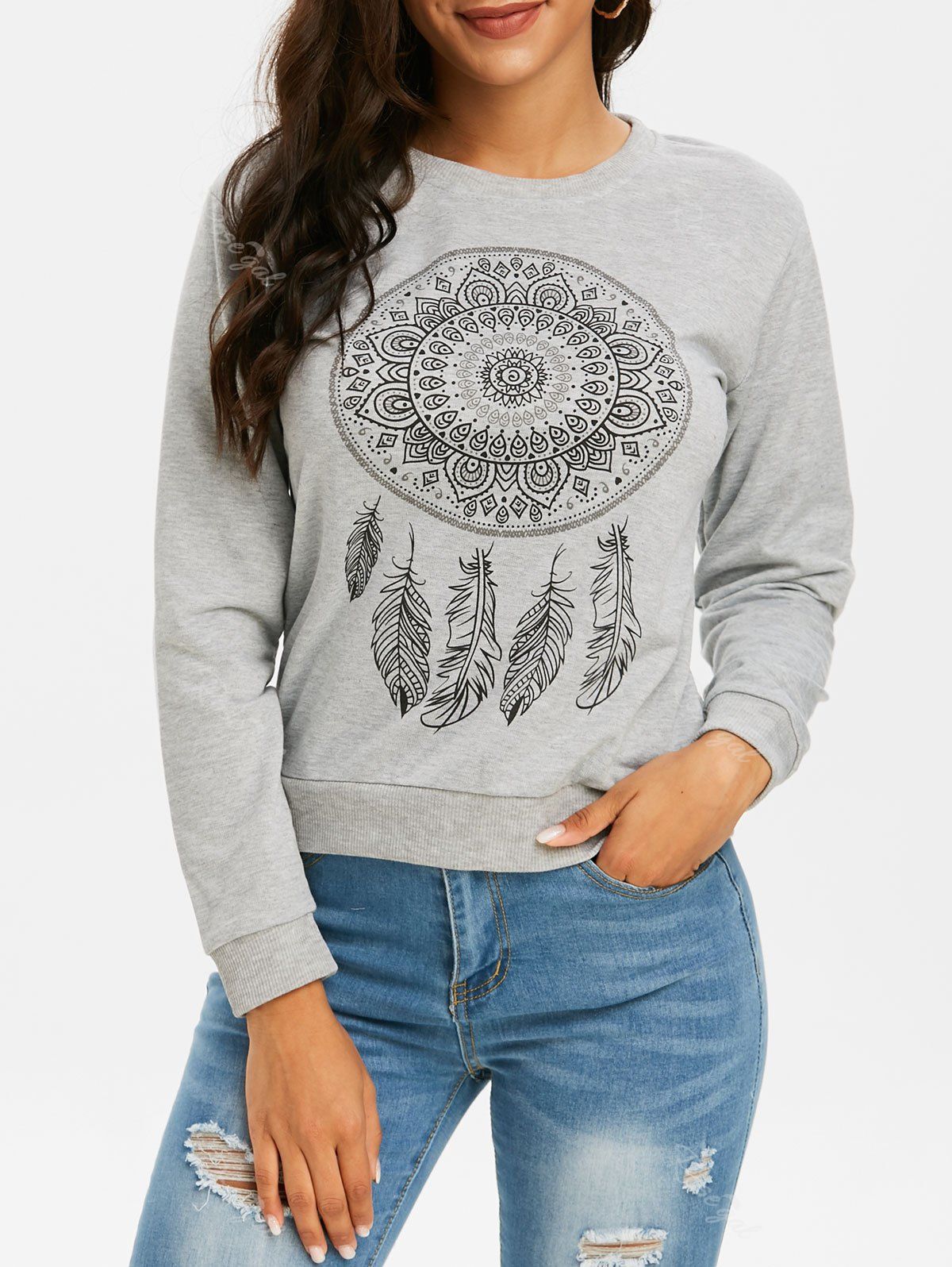 

Feather Graphic Crew Neck Pullover Sweatshirt, Gray