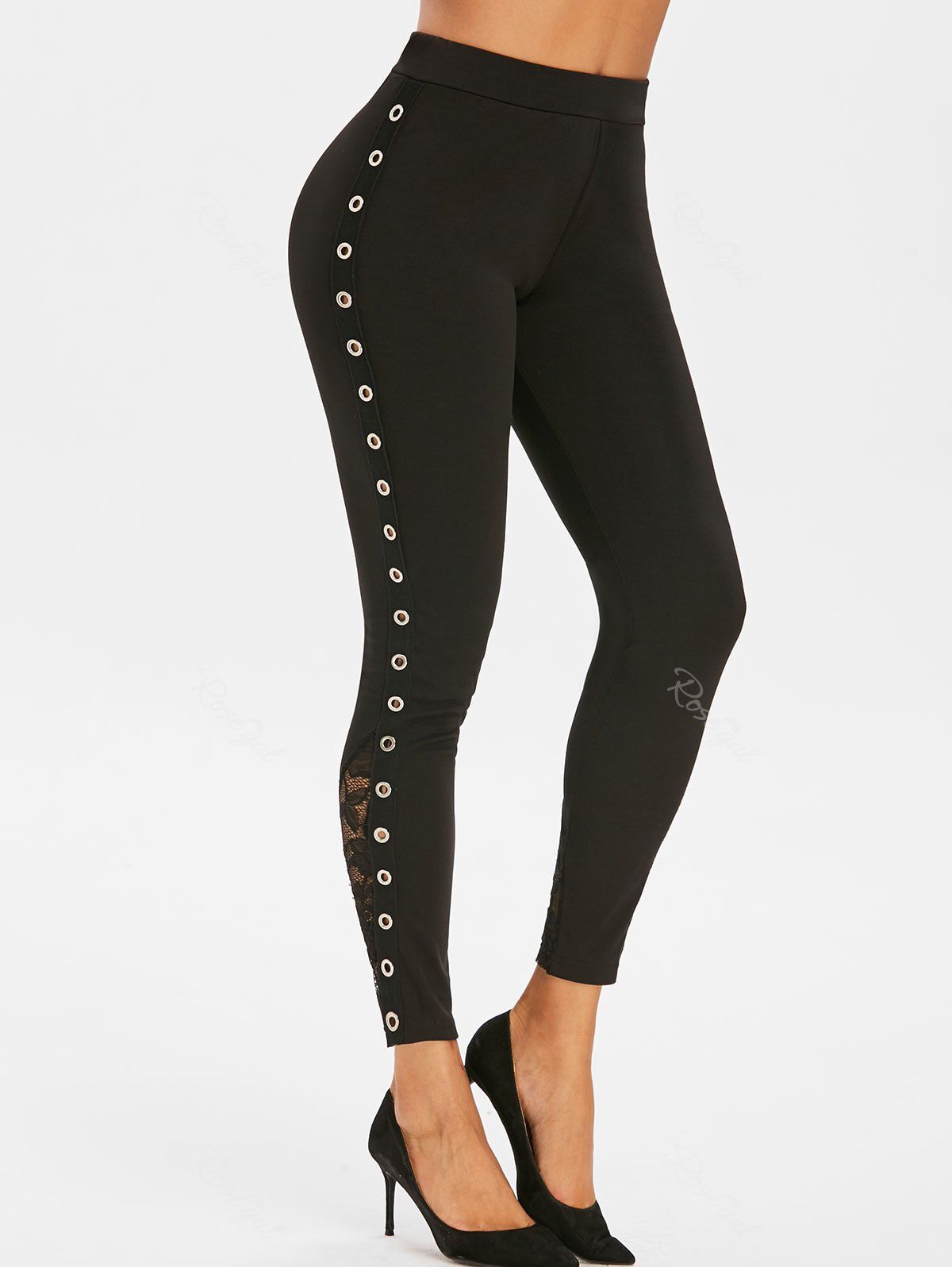 

Lace Panel Grommet Skinny Pants, Black