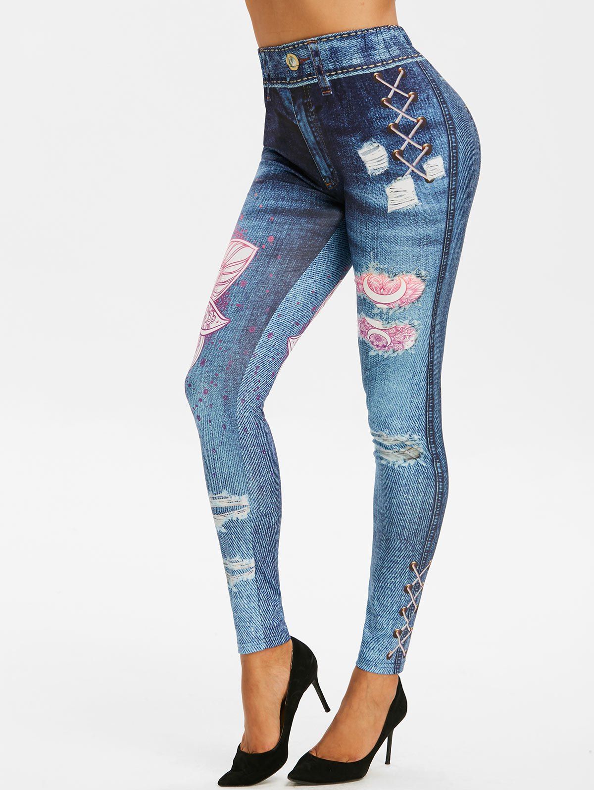 

High Waisted Flower 3D Print Skinny Jeggings, Day sky blue