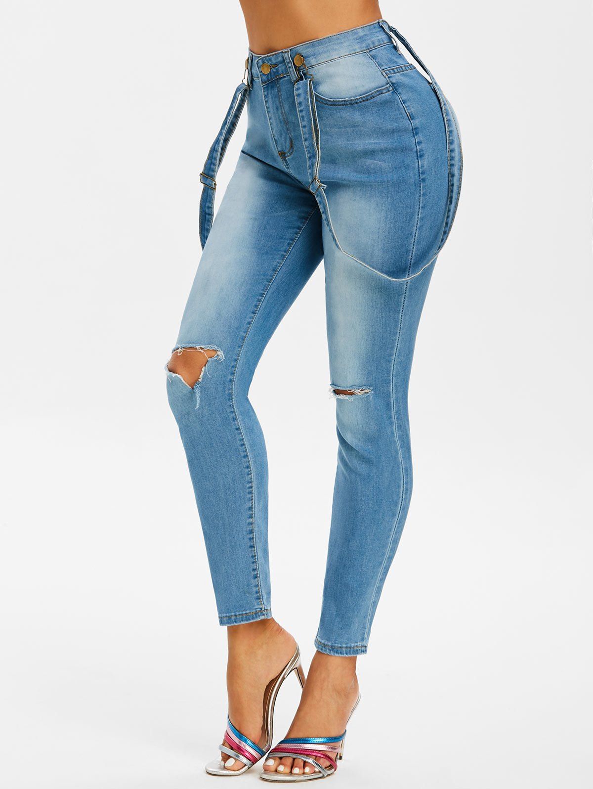 

Ripped Skinny Suspender Jeans, Blue