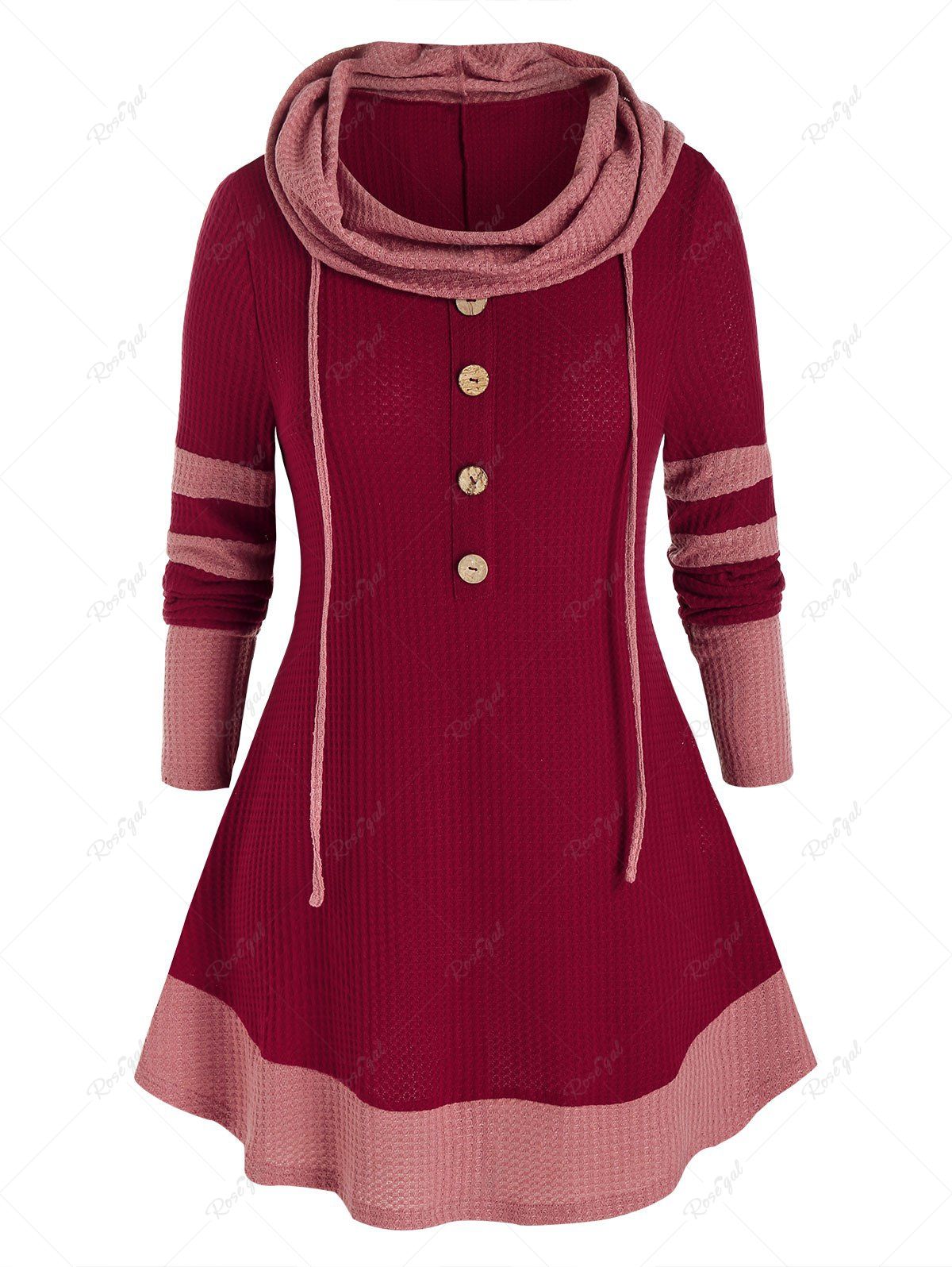 Shops Plus Size Hooded Two Tone Buttoned Contrast Tunic Sweater  